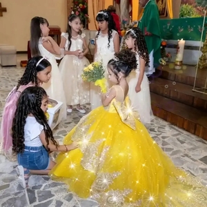 Vestidos de Niña de las Flores Amarillos Personalizados <span class=keywords><strong>para</strong></span> Bodas, Apliques Dorados, Largo hasta el Suelo con Lazo, <span class=keywords><strong>Vestido</strong></span> de Fiesta de Cumpleaños, Primera Comunión, Baile - Product Image 5