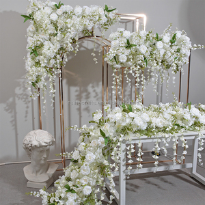 Camino de mesa de flores verdes y rosas colgantes blancas de seda de 200cm de largo para mesa de boda - Product Image 2