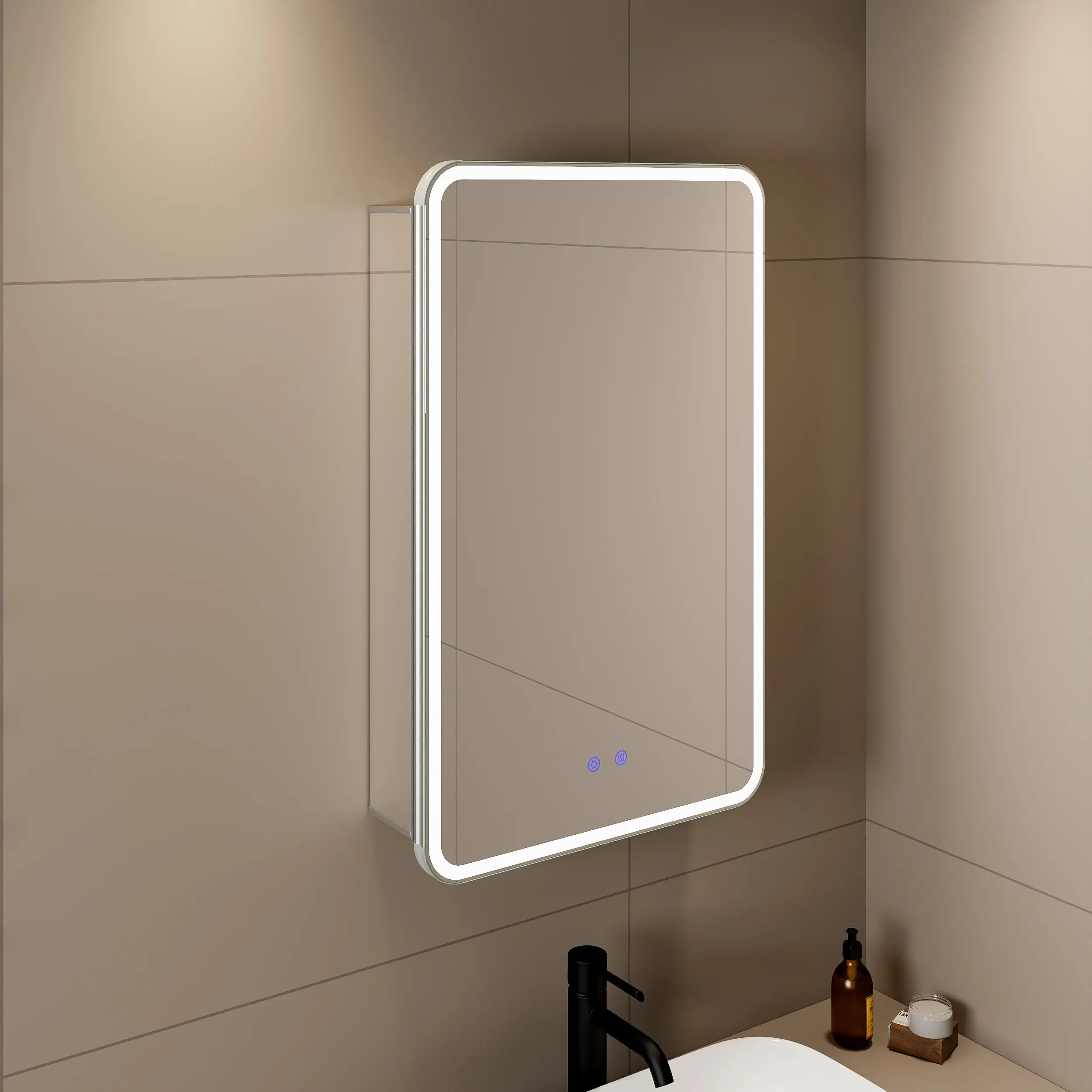 Lampu Led pintar bingkai aluminium, 3 warna lampu Defogger Toilet rias kamar mandi obat dengan lampu kabinet cermin