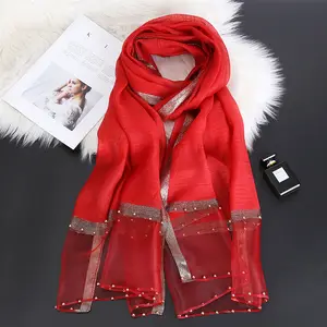New Beaded Pure Color Scarf Oversized Fashion Shawl Faux Silk Wool Scarf Wholesale