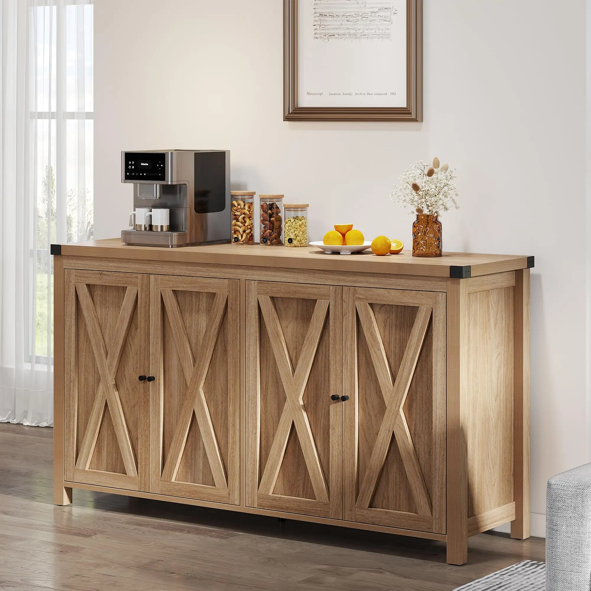 55 ''Almacenamiento de cocina grande Gabinete de barra de café de madera ajustable Gabinete de buffet de aparador de granja con almacenamiento con 4 puertas