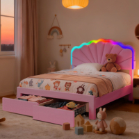 Magisches Teddybett mit bunten Lichtern, die sich zu jedem Rhythmus synchronisieren, USB-C-Anschluss und Aufbewahrungsschubladen, Rosa-Weiß
