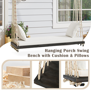 Patio <b>Wooden</b> Swing Chair Hanging Porch <b>Bench</b> With Cushion And Pillows 10.8Ft Hemp Ropes For Garden Backyard - Product Image 2
