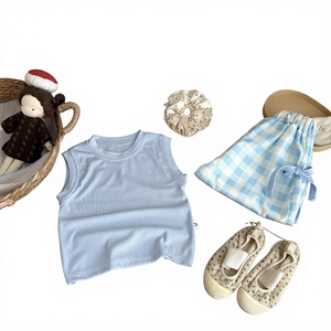 Ensemble deux pièces en coton pour filles, été 2025, nouveau gilet sans manches à carreaux élégant pour petites et jeunes filles, <span class=keywords><strong>tenue</strong></span> tendance - Product Image 1