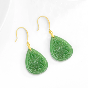 Pendientes de Plata 925 con Base de Espinaca Verde Natural y Jadeíta en Forma de Gota, Estilo Antiguo, Grabados, para Mujer - Product Image 1