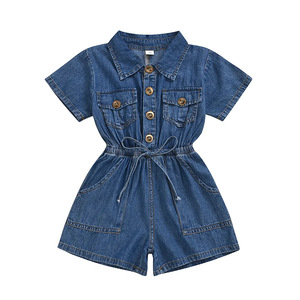 Qingli OEM fabbrica No tariffario abbigliamento estivo per bambini nuova moda per ragazze <span class=keywords><strong>tuta</strong></span> a maniche corte in Denim - Product Image 1