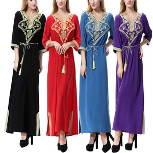 Robe d'été pour femmes, col en V, manches courtes, grande taille, broderie, kaftan musulman, robes maxi, abaya turque, vêtements ethniques - Product Image 1