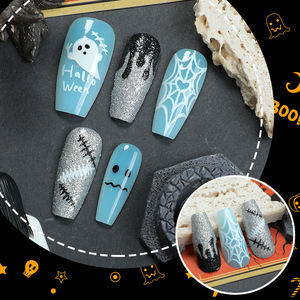 Faux ongles Qianya Halloween à pression, design 3D fantôme, araignée, toile de chauve-souris, acrylique brillant, réutilisables, cadeau de fête - Product Image 4