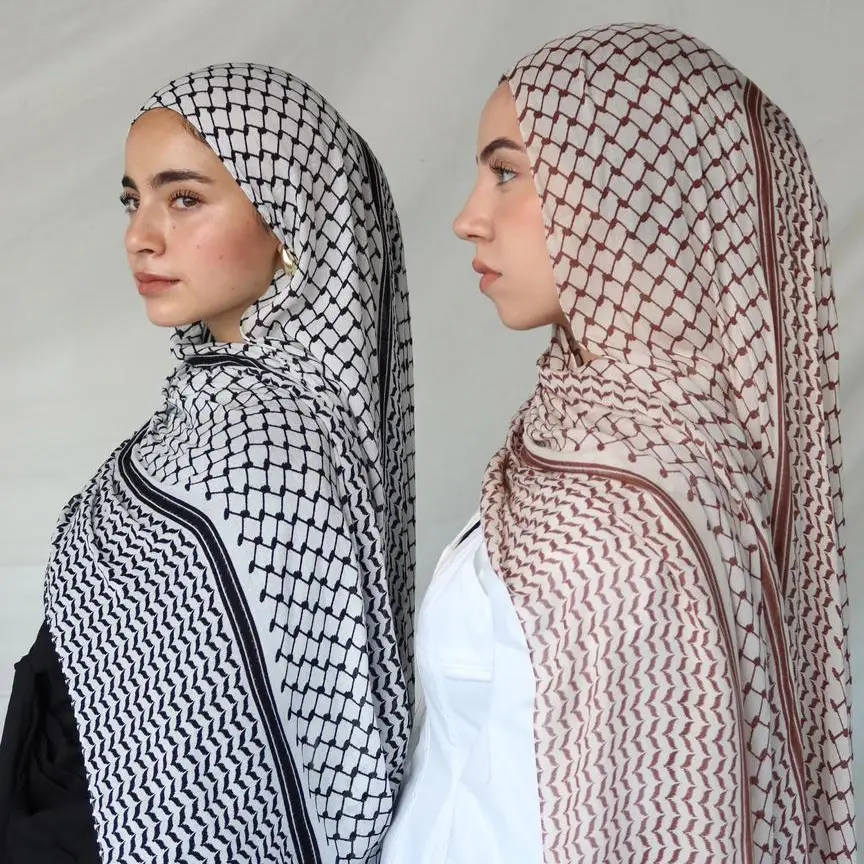 2024 terbaru Chiffon dicetak Palestina Keffiyeh syal jilbab belanja cetak Hijab muslim syal panjang wanita