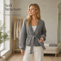 Cardigan long en tricot doux brossé personnalisé pour femme, col en V, ceinturé, à bouton unique, manches bouffantes, style décontracté, pour l'hiver