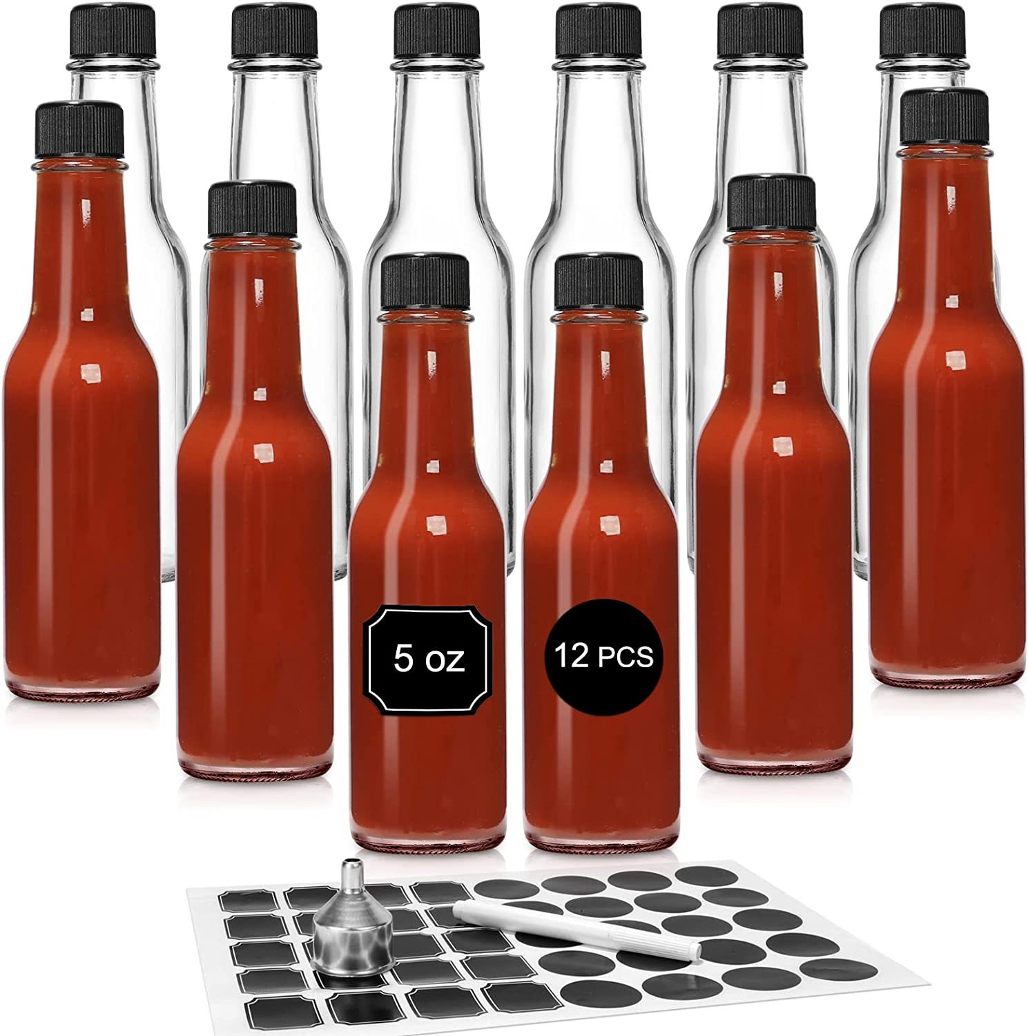 Dasher Lot de 15 bouteilles de sauce chaude vides en verre transparent avec capsules rétractables, petites bouteilles de vin avec bandes Shirnk, mini bouteille de liqueur/mise en conserve, sauce