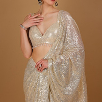 Blouse en Georgette Entièrement Brodée SJ, Sarees Bollywood à Paillettes, Saree en Tulle Brodé à Paillettes, Saree à Paillettes