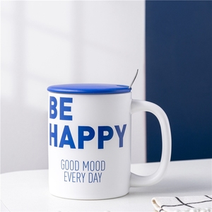 Promotional Gift 400ml Be Happy Good Mood Print Ceramic Tea <b>Cup</b> Blue and White Ceramic Coffee Mug Gift <b>Cup</b> With Handle - Product Image 5