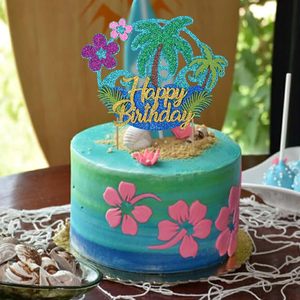 Décoration de gâteau Hawaïenne Joyeux Anniversaire avec Paillettes, Palmiers, Fleurs d'Été et Océan – Accessoires de Fête Thème Luau - Product Image 5