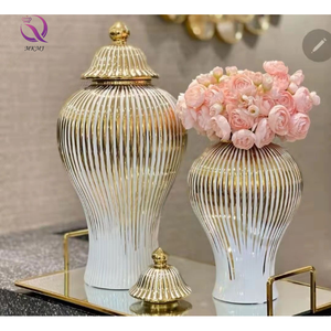 Light Luxury Large General Jar Handicraft Furnishings Ceramic Electroplated <strong>Vase</strong> Ginger Jar Table <strong>Flower</strong> Striped <strong>Vase</strong> - Product Image 1