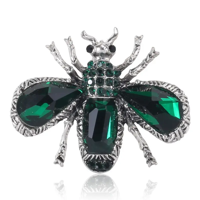 Fly Bee insect Pin Pendant Emerald Green Crystals Brooch Silver Pewter Tone Perfect Cond Brooches