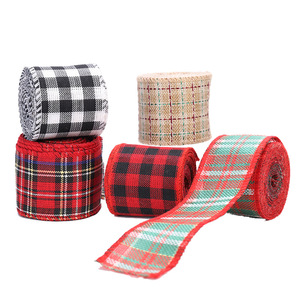 A cuadros a cuadros arpillera yute Lino cinta poliéster borde con cable cintas de Navidad para manualidades envoltura y decoración - Product Image 2
