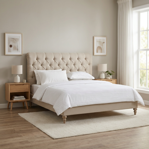 Soft Tufted Headboard <b>Platform</b> <b>Bed</b> Queen Size Modern Style Solid Teak Wood <b>Frame</b> Beige Upholstery - Product Image 1