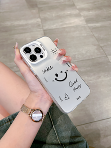 Coque intégrale antichoc en TPU avec motif visage souriant et citations positives, design gris argent mat, compatible avec la série - Product Image 2