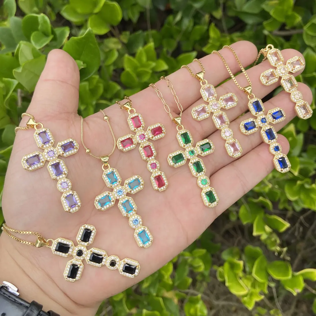 Luxury Gemstone Necklace Fashion Religious Catholic Christian Cross Pendant Necklace For Men Women