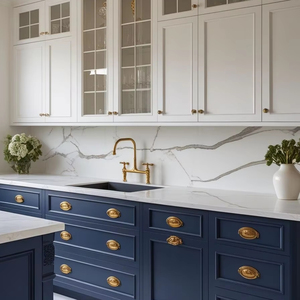 CBMMart Armoire de cuisine de style classique bleu marine avec comptoir en pierre de marbre et évier de <span class=keywords><strong>ferme</strong></span> en céramique - Product Image 1