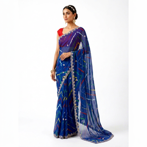 Sari de Seda Azul con Estampado Digital de DevI Fashions, Bordado Floral, para Mujer, Tradicional para Bodas y Fiestas, Bengala Occidental, India - Product Image 1
