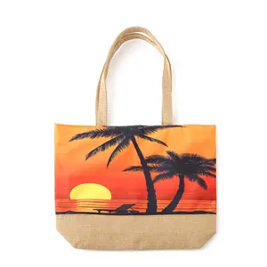 Umweltfreundliche Aufbewahrung Großhandel Diy-Design individuell bedruckte große Kapazität Sonnenuntergang-Jutte-Tasche mit Knopf