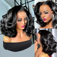 Perruques Lace Front Courtes Bob Ondulées en Dentelle Transparente Cheveux Vierges Noir Naturel avec Baby Hair 13x4 100% Remy Brésiliens Densité 200%