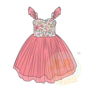 Nueva moda Boutique niños ropa de verano volantes hilo manga flor Floral Top gasa falda Slip vestido lindo niñas princesa vestidos
