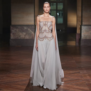 Jancember LSZ517 Abito da Sera di Lusso Grigio in Chiffon, Vestito da Cerimonia con Perline e Mantella - Product Image 1