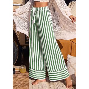 Womens Palazzo <b>Pants</b> Green White Striped Wide Leg High Waist Flowy Chiffon Lounge Trousers Casual <b>Summer</b> <b>Pants</b> - Product Image 6