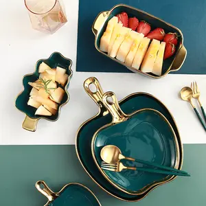 high quality Tablewares household dumpling plate Petal shape breakfast grid plate with sauce dish&gold trim