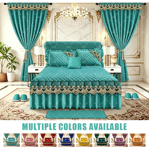 Ensemble de literie matelassé de luxe 12 pièces King Size effet coton avec jupe de lit, couvre-lit, rideaux, tapis et pantoufles, prêt à être expédié - Product Image 1