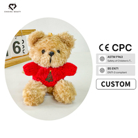 Porte-clés ours en peluche marron clair, broderie sapin de Noël, pull rouge, breloque en peluche, cadeau de Noël personnalisé, rembourrage en coton PP, 10 cm