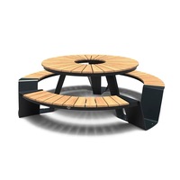 Ensemble de table et chaises de pique-nique d'extérieur en acier inoxydable et teck, intégré, circulaire, pour parc, usage commercial