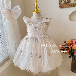 D1971 Vestito Estivo in Cotone per Bambine, Nuovo Abito Principessa con Grande Fiocco in Tulle, Gonna a Bretelle con Fiori - Product Image 3