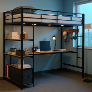 Lit superposé double en métal noir avec bureau, étagères de rangement et station de charge pour dortoir - Product Image 2