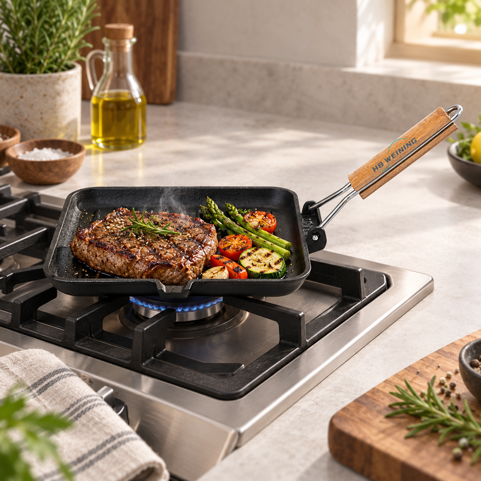 OEM Pre-Seasoned Cast Iron Square Ribbed Grill Pan with Foldable Wooden ...