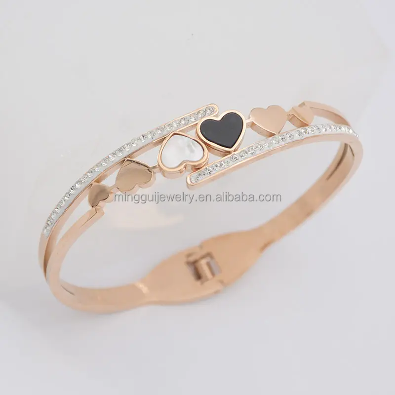 Womens Fashion Stainless steel black Drops of oil White shell Peach heart Charm Metal Cuff Bangles   Bracelets