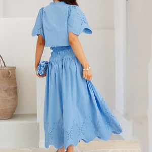 Ensemble deux pièces de luxe de haute qualité : haut à col en V brodé ajouré et robe confortable 100 % coton sur mesure - Product Image 6