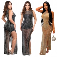 Nouvelles femmes Sexy robe de soirée sans manches col rond maille voir à travers la robe dame brillant strass fente Maxi robes