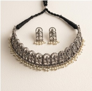 DIVYORO Krishna Motif <b>Choker</b> Set Oxidized <b>Silver</b> Intricate Design Designer Elegant Jewelry Set with Earrings Fashion Jewelry - Product Image 1