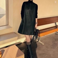 31150 printemps automne à la mode O cou Style droit court noir robe en cuir véritable pour les femmes
