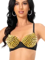Soutien-gorge sexy pour femmes, style punk, performance de danse, argenté, doré, métallique, clouté, à bretelles, push-up, haut de clubwear