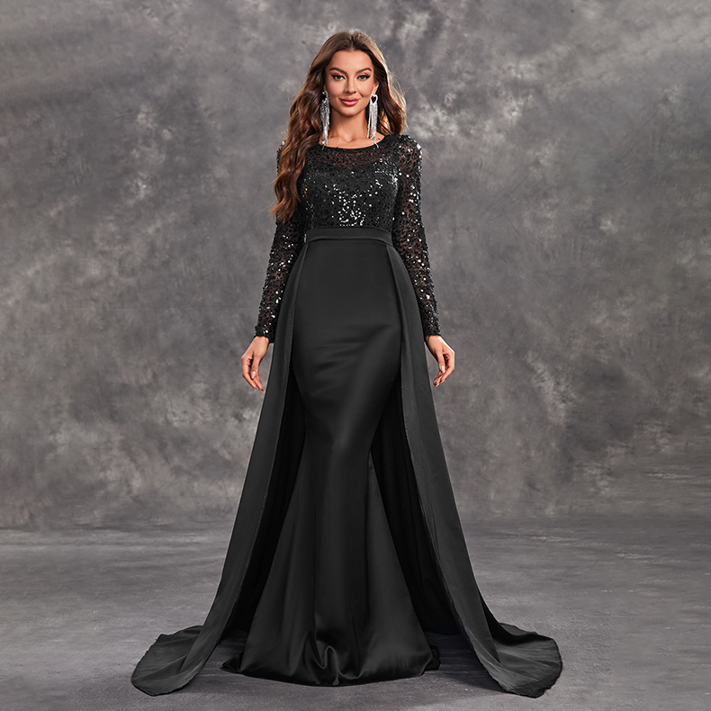Sexy Sequins Long Sleeve Round Neck Elegant Black Dresses