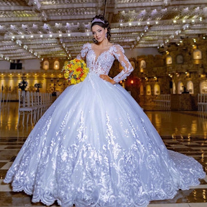 Abito da <span class=keywords><strong>sposa</strong></span> moderno 2025 stile principessa, bianco, con applicazioni in pizzo, maniche lunghe, vita scesa e allacciatura in pizzo, per spose - Product Image 4