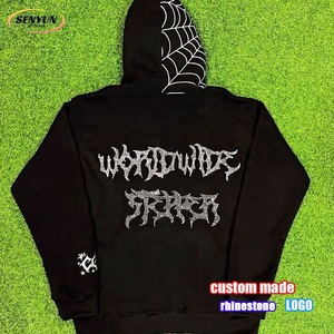 Hoodie Streetwear Vintage Unisexe <span class=keywords><strong>en</strong></span> Coton Épais avec Logo Personnalisé, Strass, Épaules Tombantes, Coupe Boxy et Motif Araignée - Product Image 1