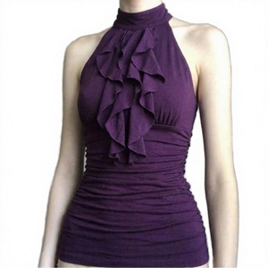 Purple <b>Patchwork</b> Crew Neck Ruched Ruffle Ribbons Breathable Knitted Spandex/Polyester Sleeveless Sexy Backless Front Club - Product Image 2