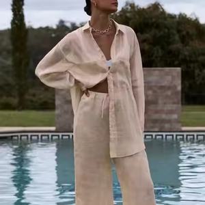 ชุดผ้าลินินคุณภาพสูงแบบลำลองพร้อมโลโก้ OEM ตามสั่ง เสื้อเชิ้ตผ้าลินินติดกระดุมทรงหลวม กางเกงขายาวเอวสูงทรงหลวม ชุดผ้าลินิน - Product Image 3