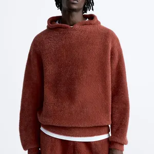 OEM Custom Red Long Sleeves 100% polyamide Plain Blank Faux Fur Textured Knit Hoodie For Men